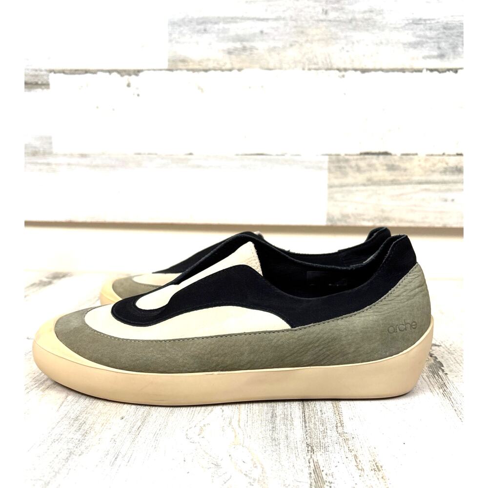 Arche Womens 8.5 Black Green Multi Suede Leather Platform Slip On Sneakers